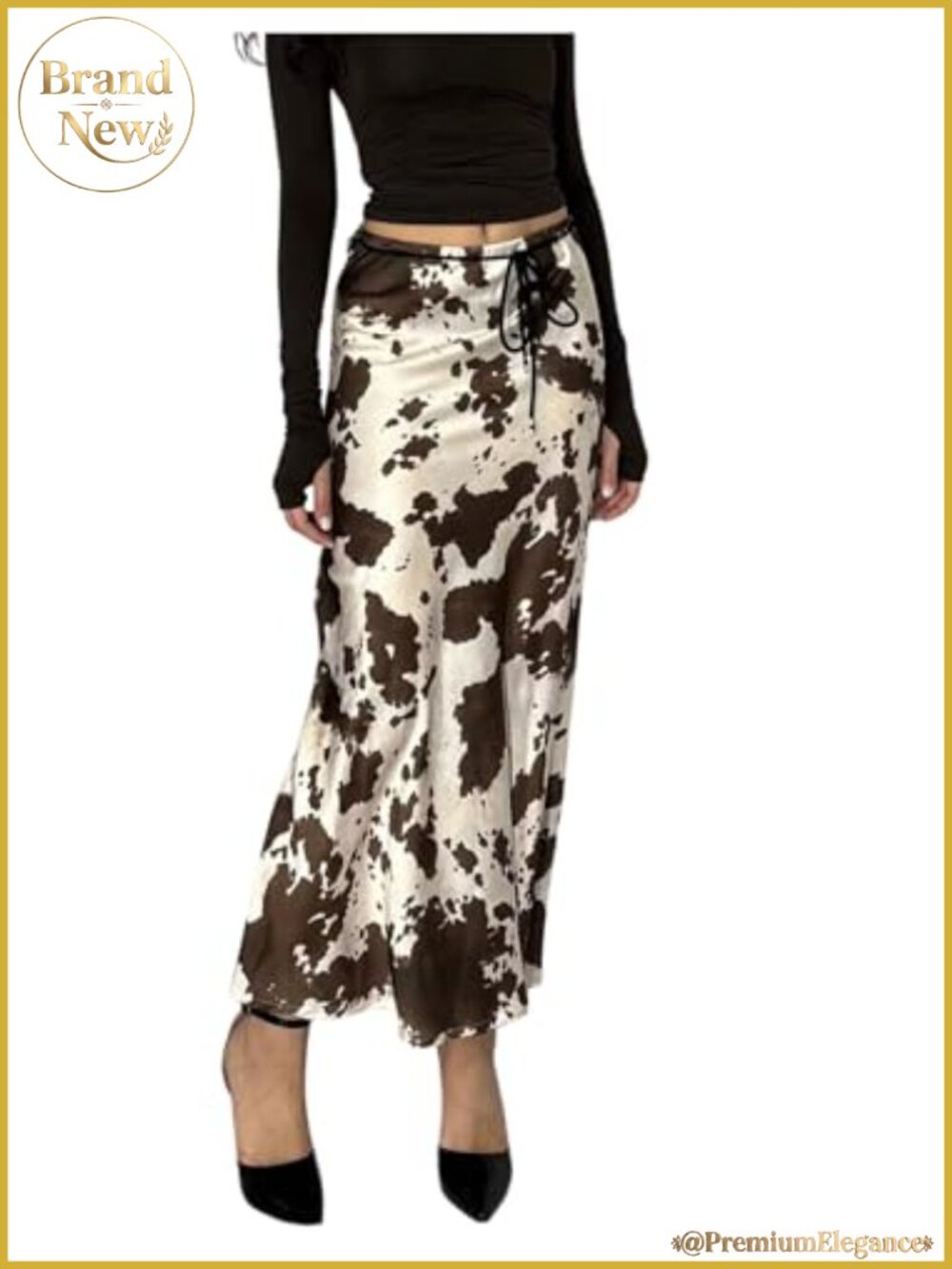Women's High Waisted Satin Cow Print Maxi Skirt, A-Line Flare Long Skirt